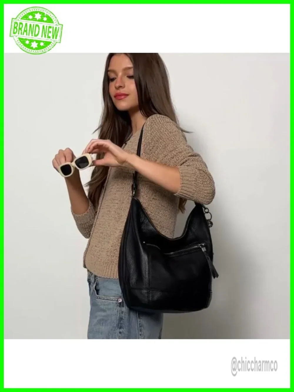 Leather Hobo Bag Large Slouchy Shoulder Purse Zip Pocket